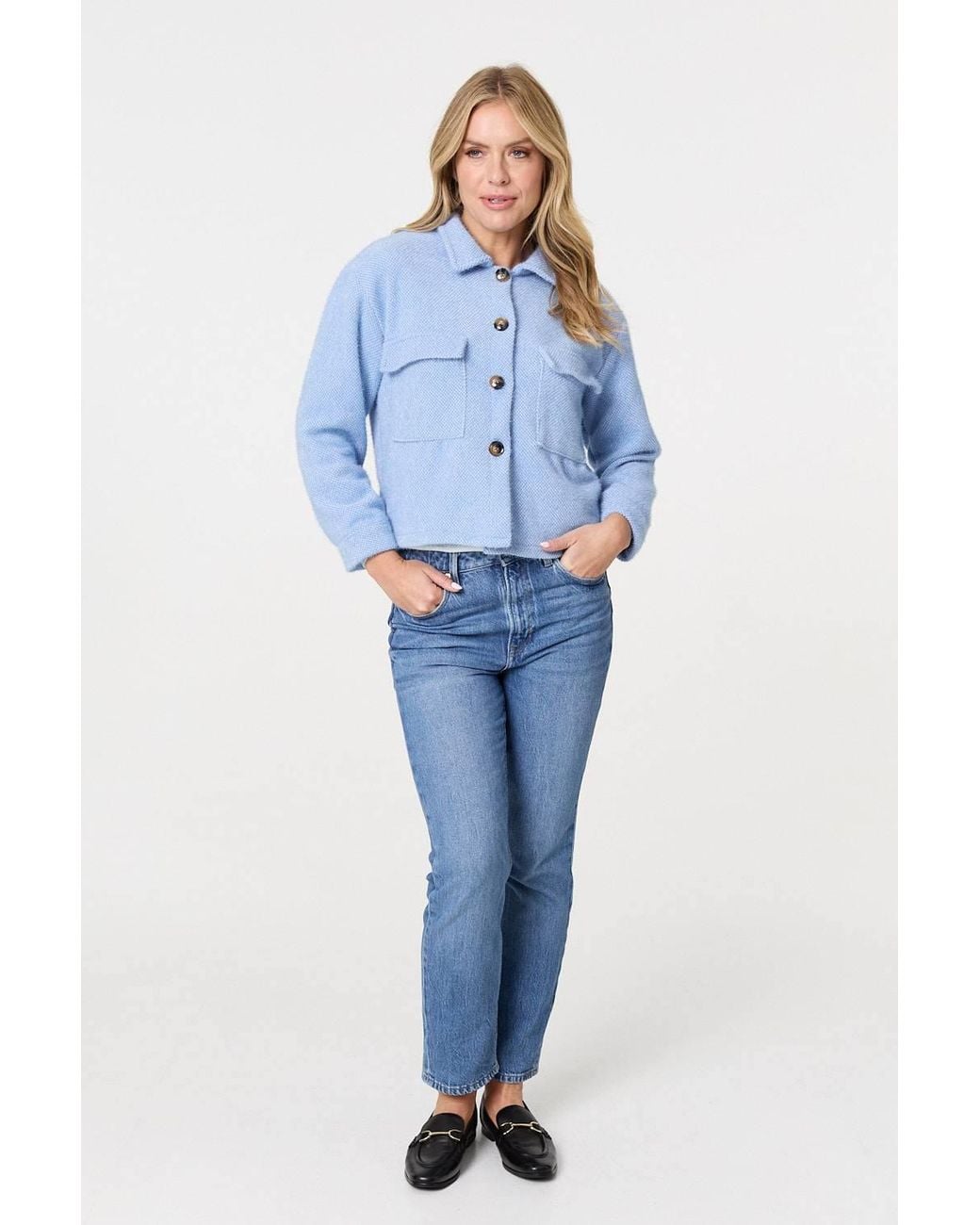 Izabel London Blue Flannel Cropped Pocket Front Shacket Jacket