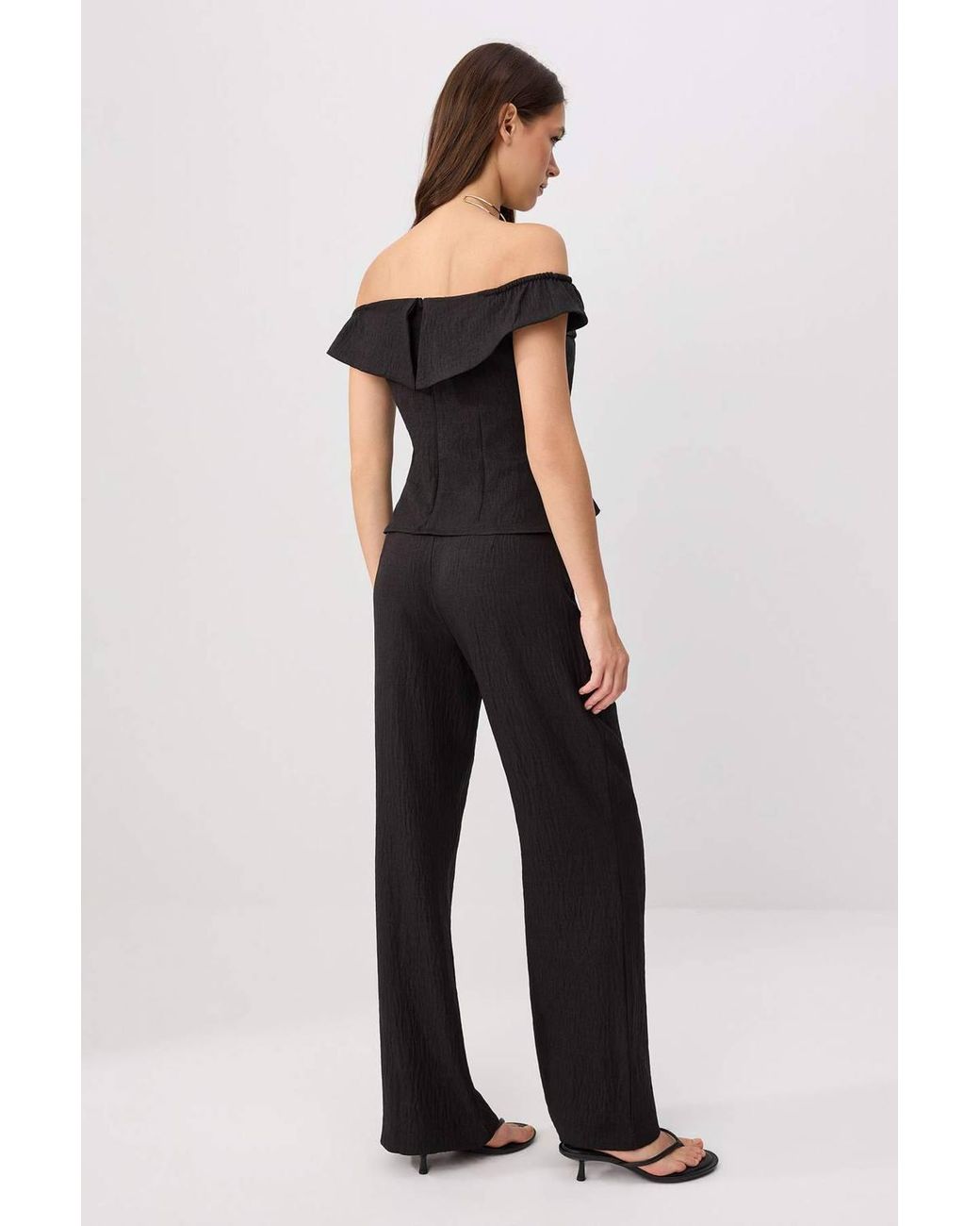 WOVCOR Black 2-Piece Boat Neck Fitted Blouse & Wide Leg Trouser Co-Ord