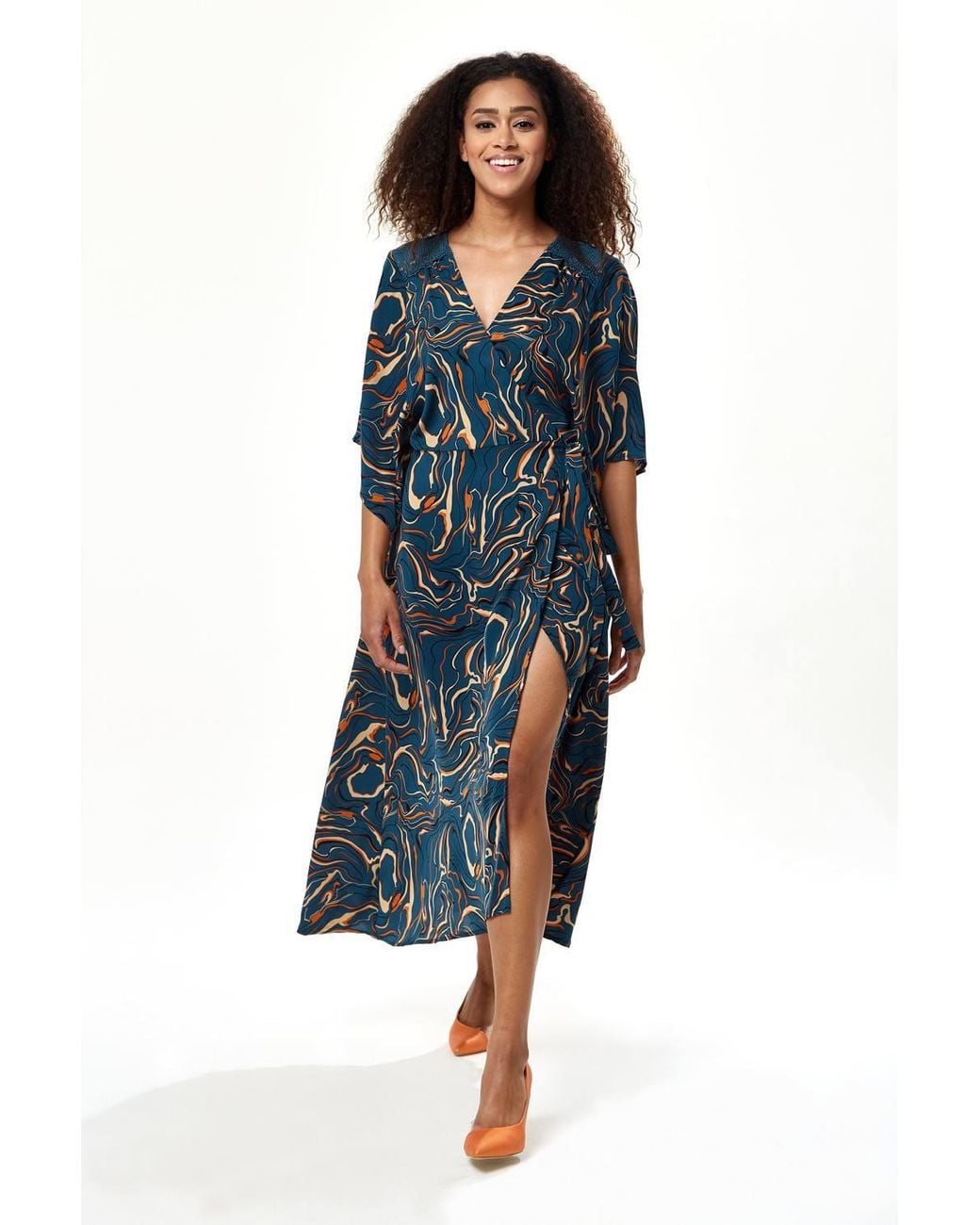 Liquorish Blue Scribble Print Maxi Wrap Dress W/ Kimono Sleeves