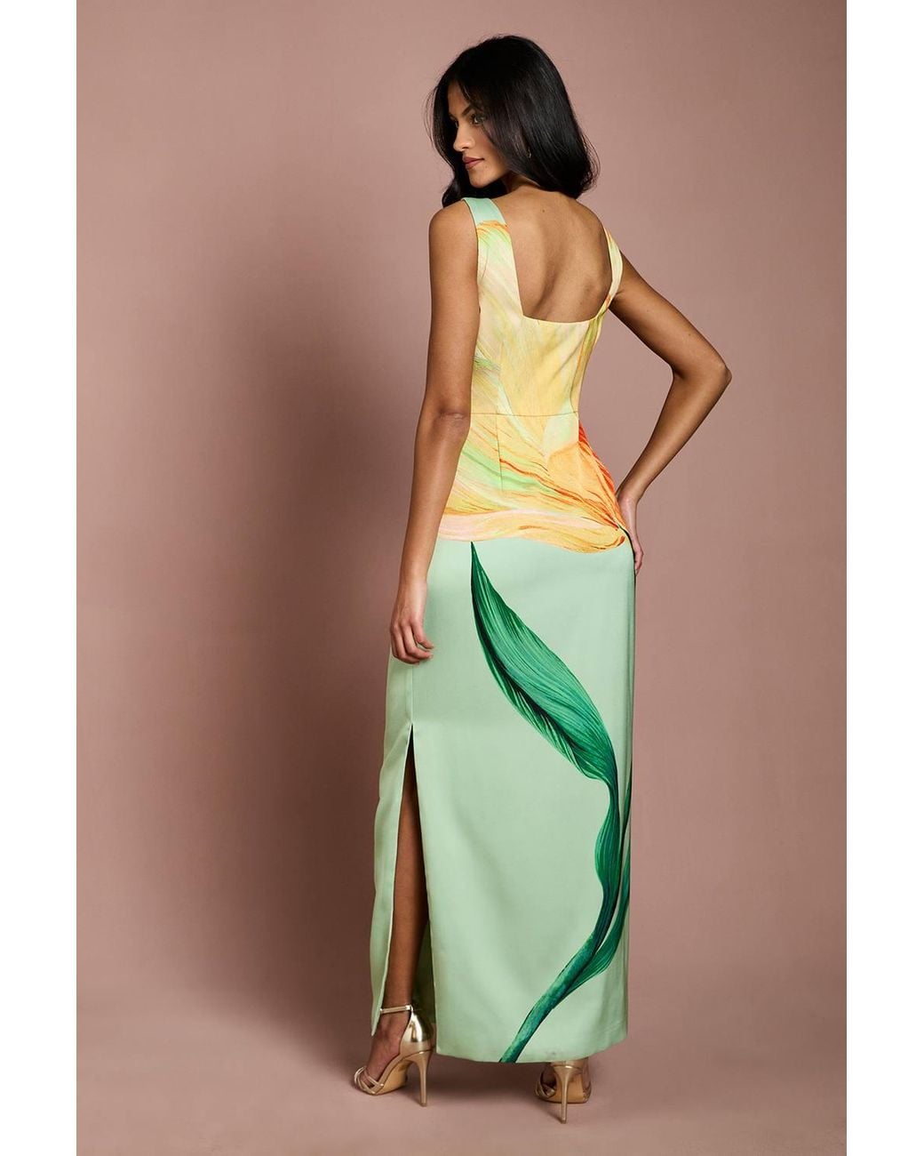 Coast Green Petite Large Scale Floral Placement Print Halterneck Pencil Dress