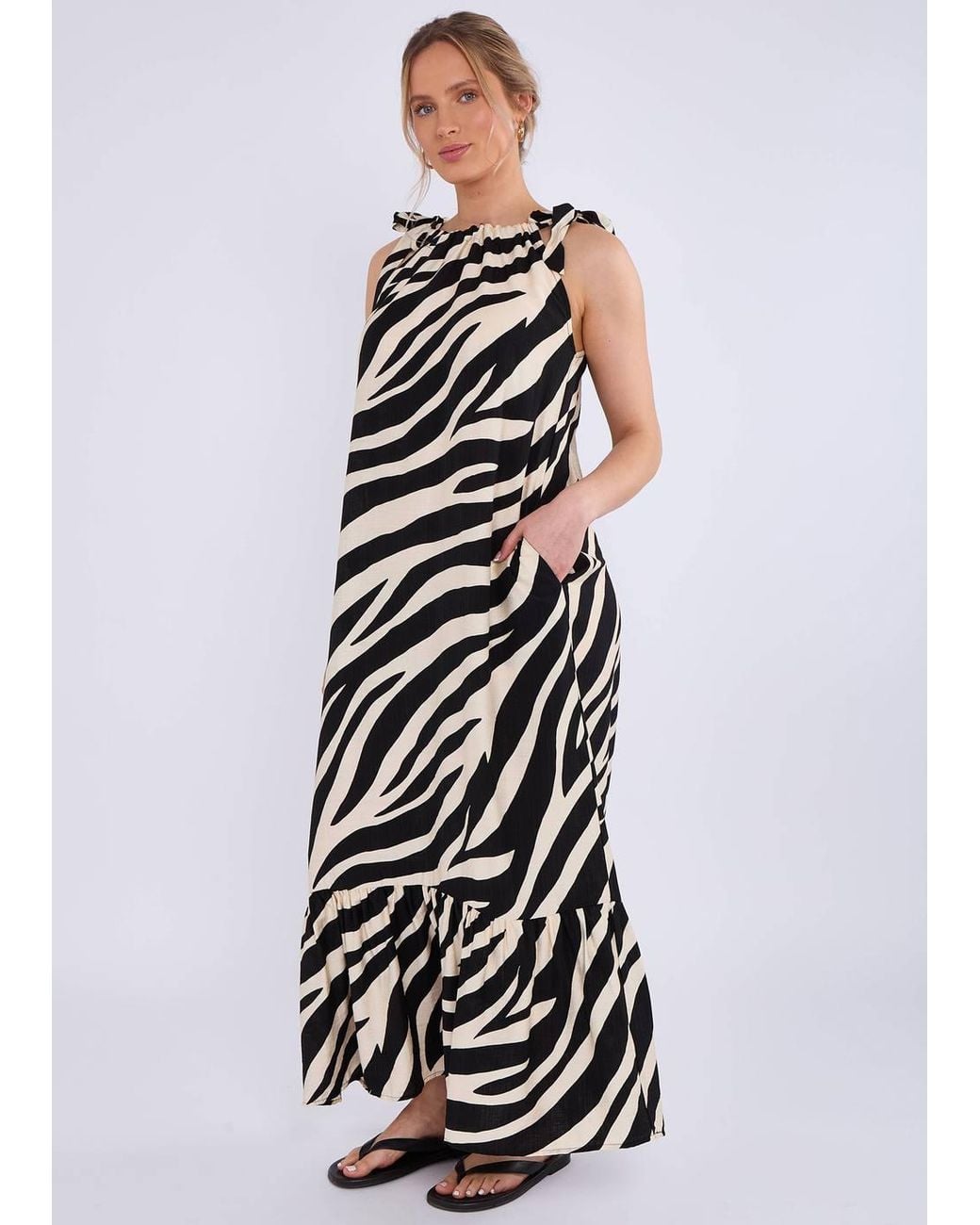 Gini London Green Mono Zebra Print Tie Shoulder Maxi Dress