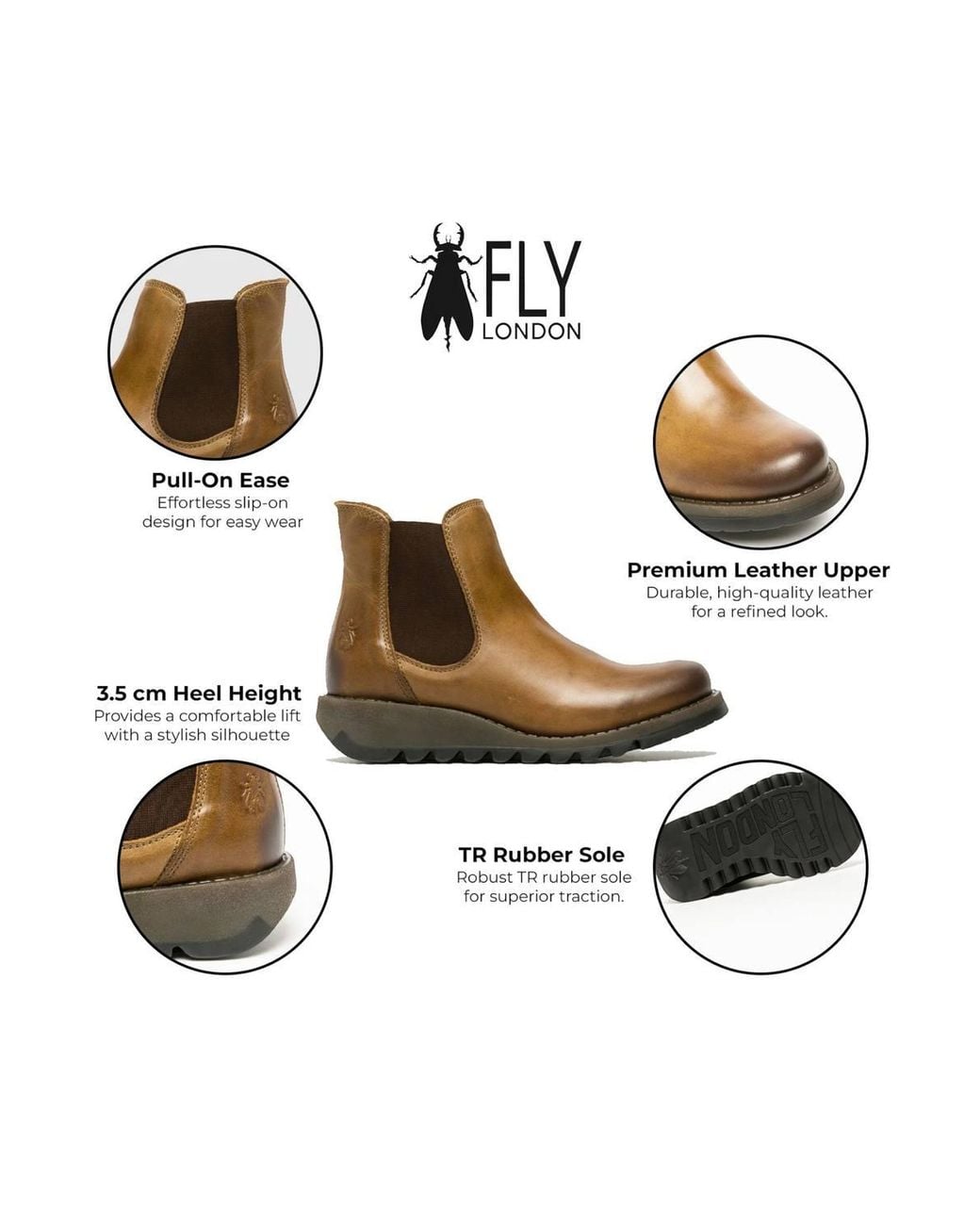 Infinity Leather Brown Fly London Salv Chelsea Leather Ankle Casual Wedge Heel Boots