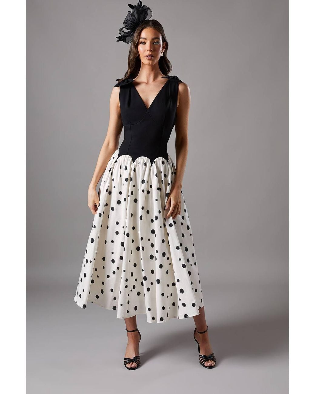 Coast Multicolor Mono Spot Races Drop Waist Bow Shoulder Midi Dress