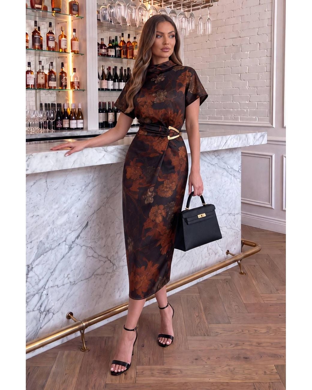 AX Paris Multicolor Multi Floral High Neck Buckle Detail Midi Dress