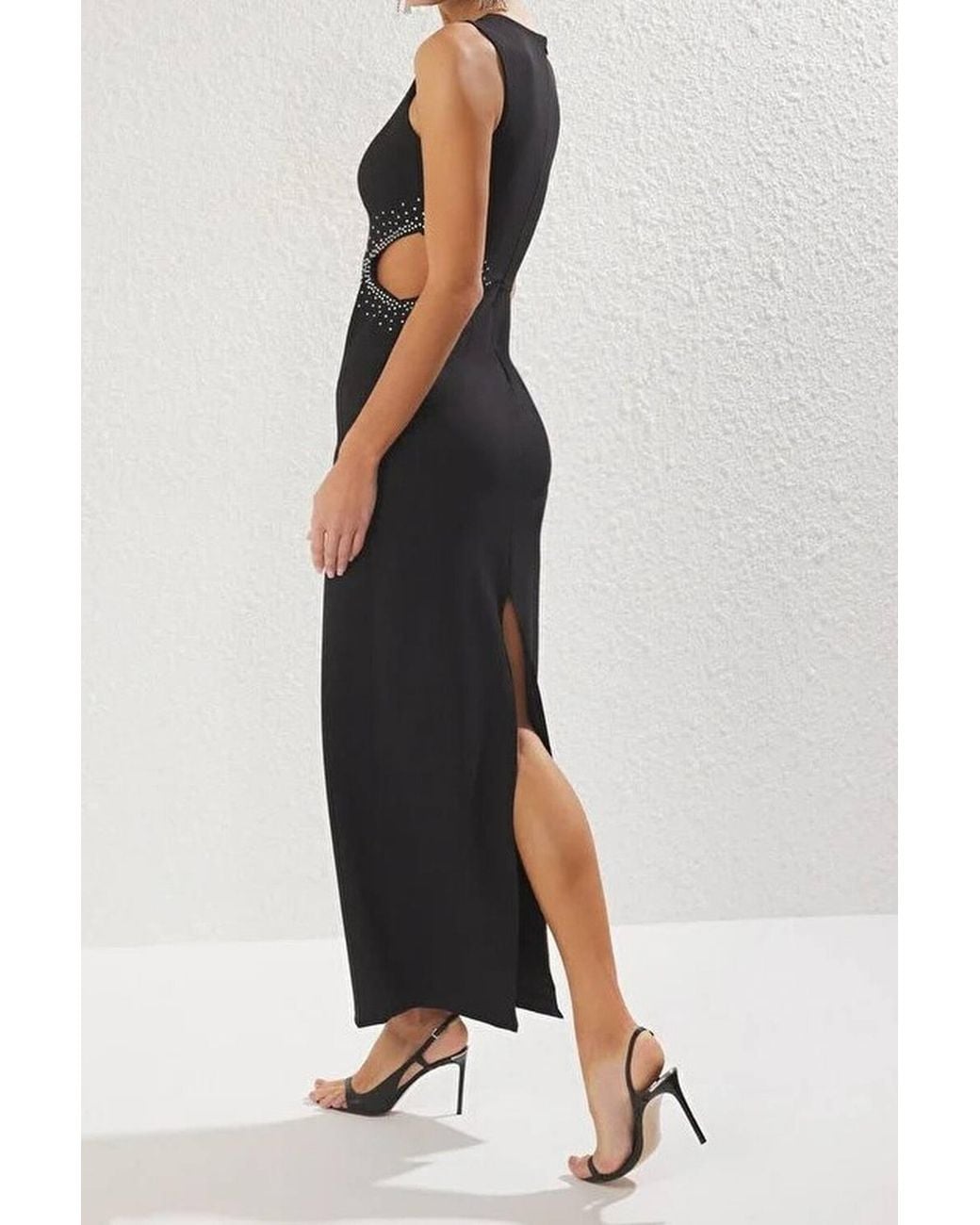 WOVCOR Black Stone Embellished Cut Out Sleeveless Maxi Dress