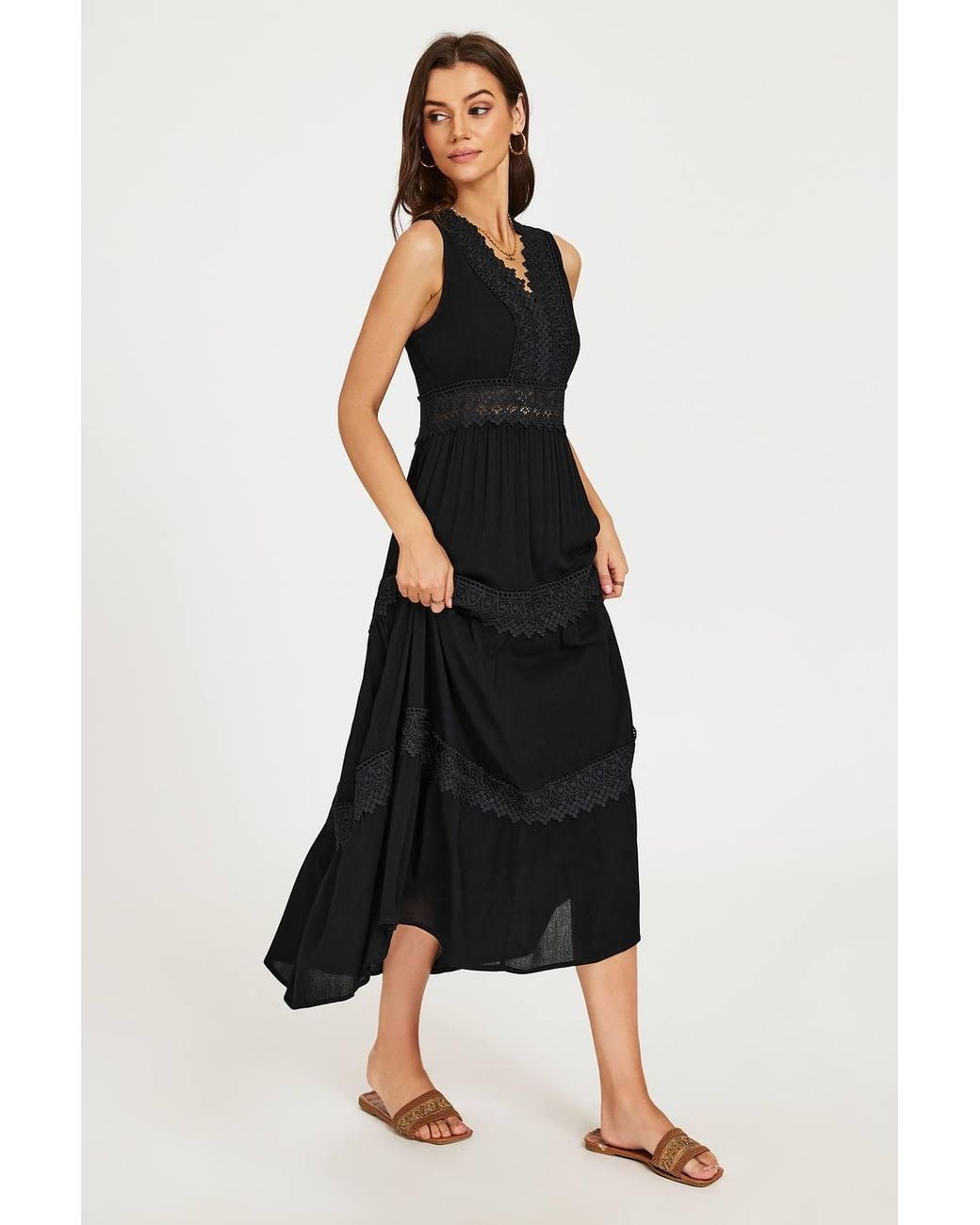 FS Collection Black Lace Trim V-Neck Tiered Sleeveless Midi Dress