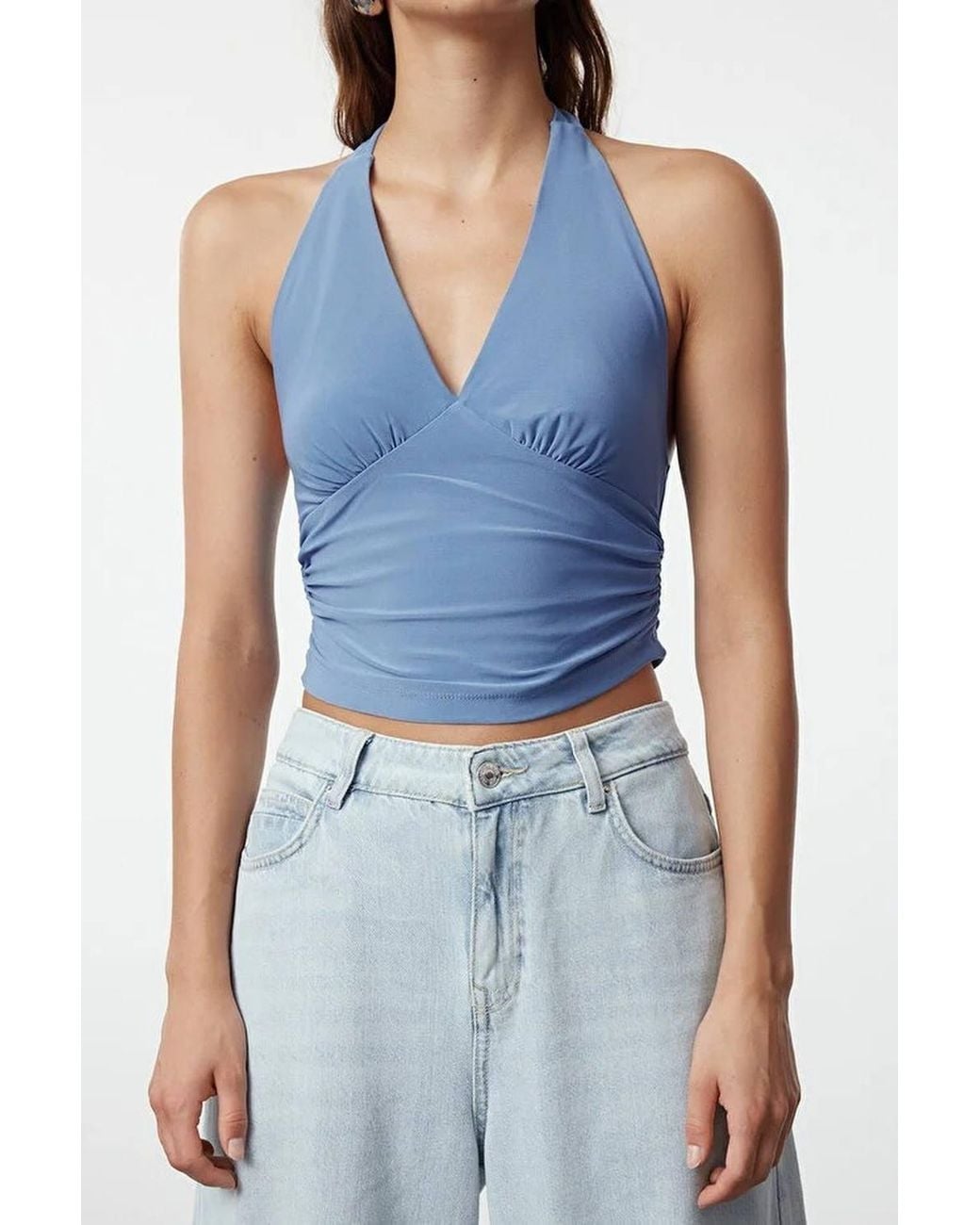 WOVCOR Blue Halter Neck Ruched Crop Top W/ Deep V Neck