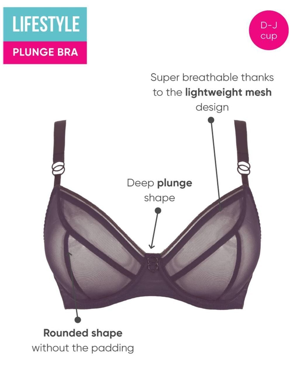 Curvy Kate Gray Lifestyle Plunge Bra Wired Mesh Lingerie