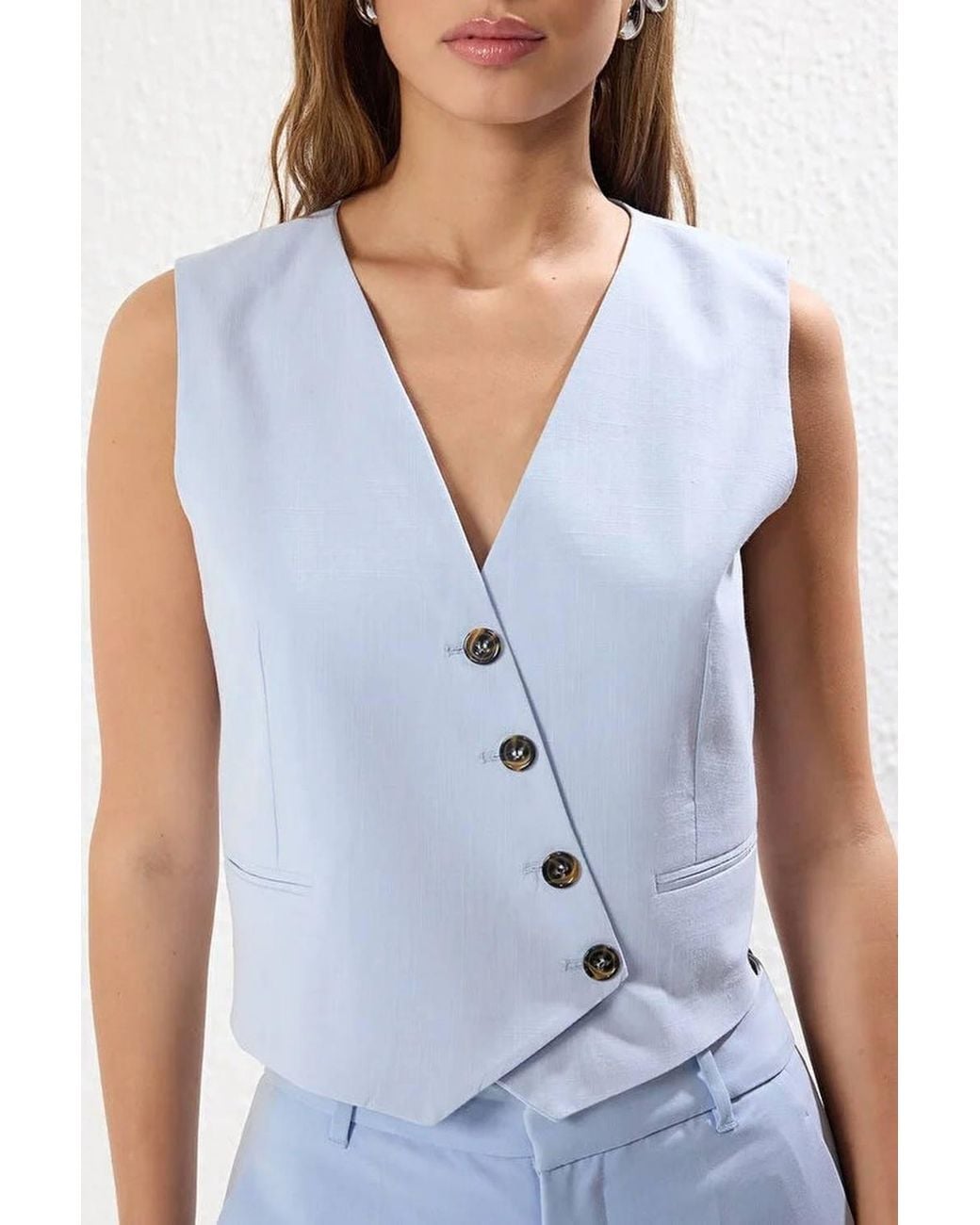 WOVCOR White Tailored Crop Linen-Look Woven Waistcoat W/ Button Detail