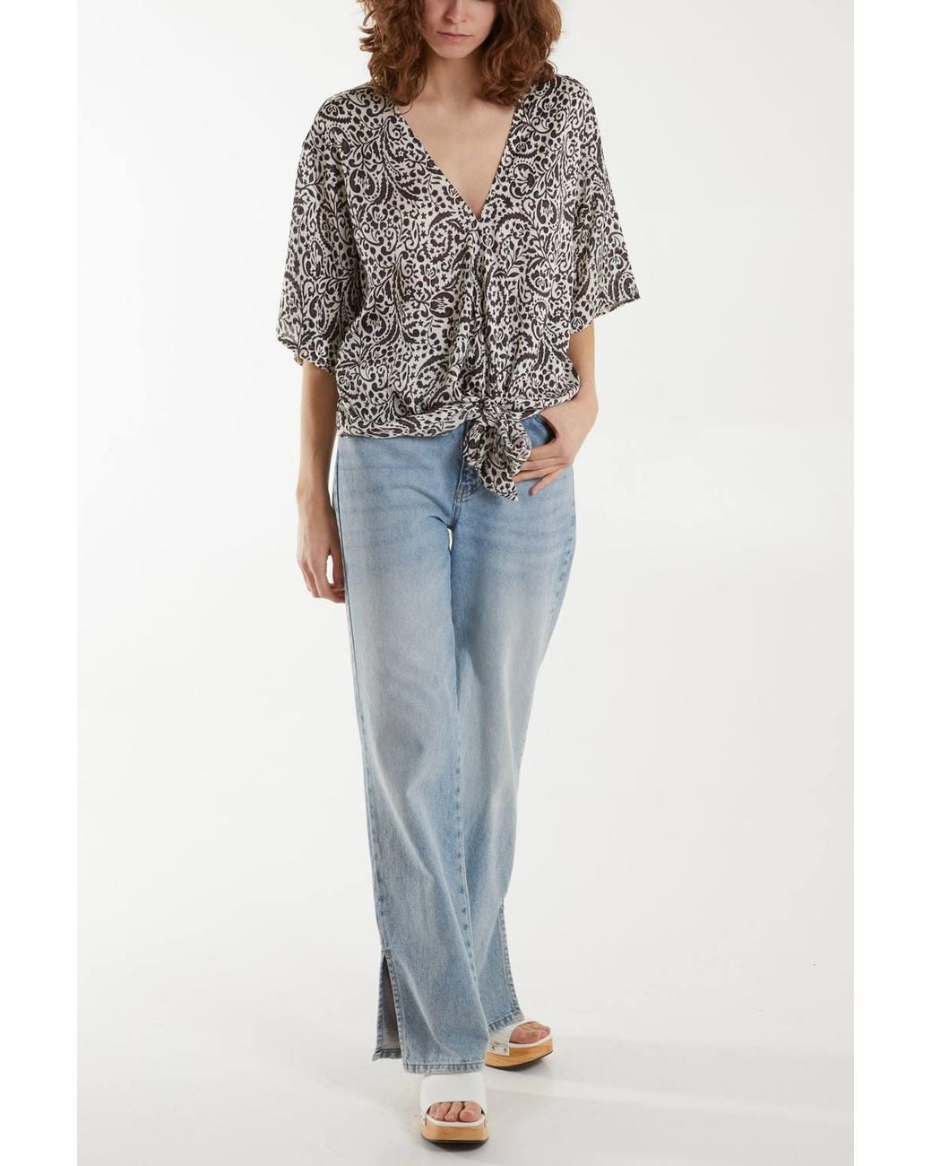 Blue Vanilla Gray Tie Front V Neck Paisley Top