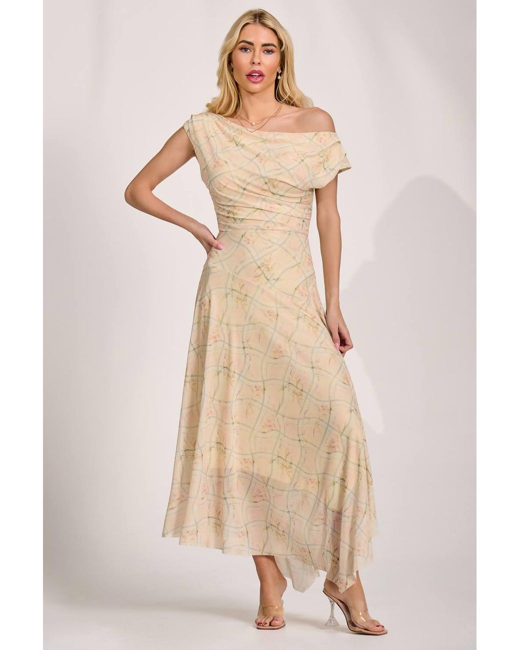 Jolie Moi Natural Asymmetric Draped Mesh Maxi Dress