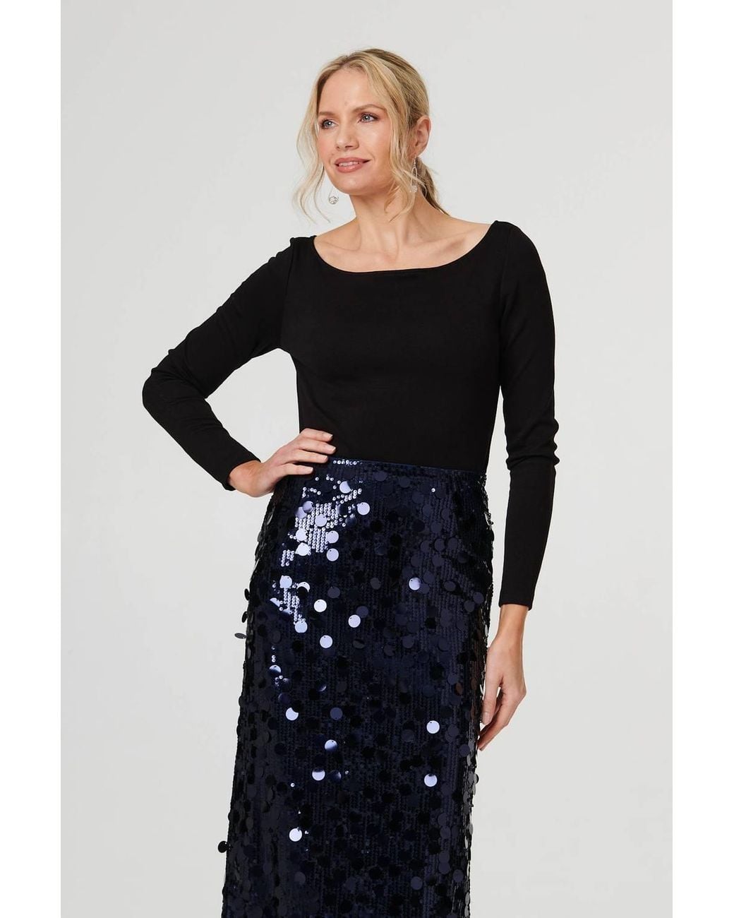 Izabel London Black Sequin Embellished Straight Midi Skirt