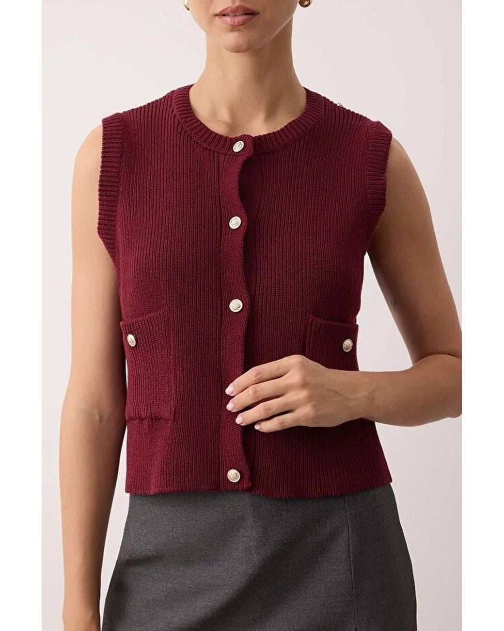 WOVCOR Red Button-Up Ribbed Knit Cropped Sweater Vest