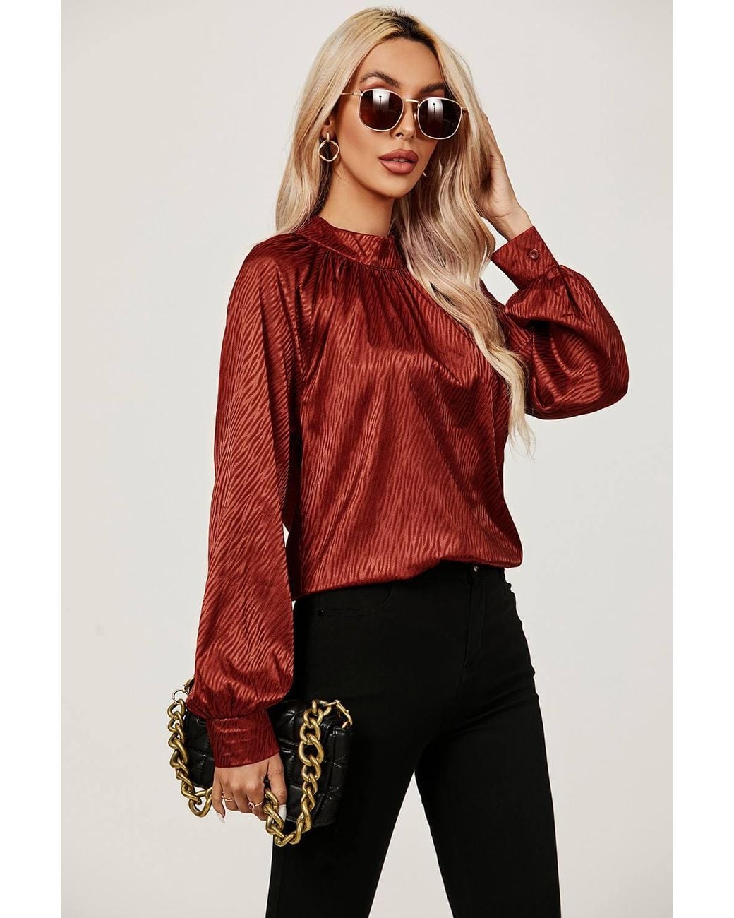 FS Collection Red High Neck Back Cut Detail Satin Blouse Top