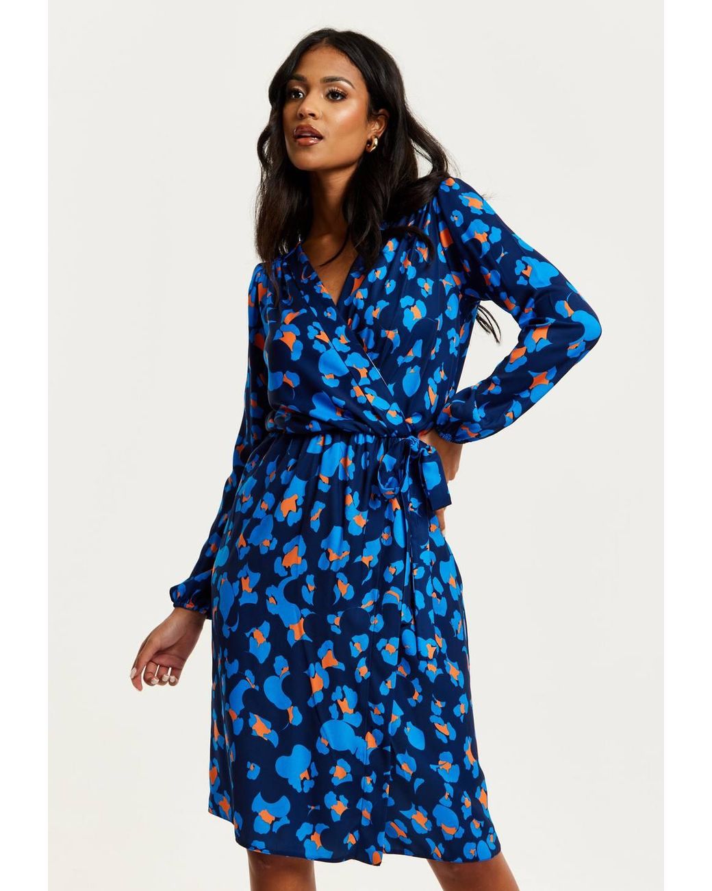 Liquorish Blue Abstract Print Midi Fake Wrap Dress