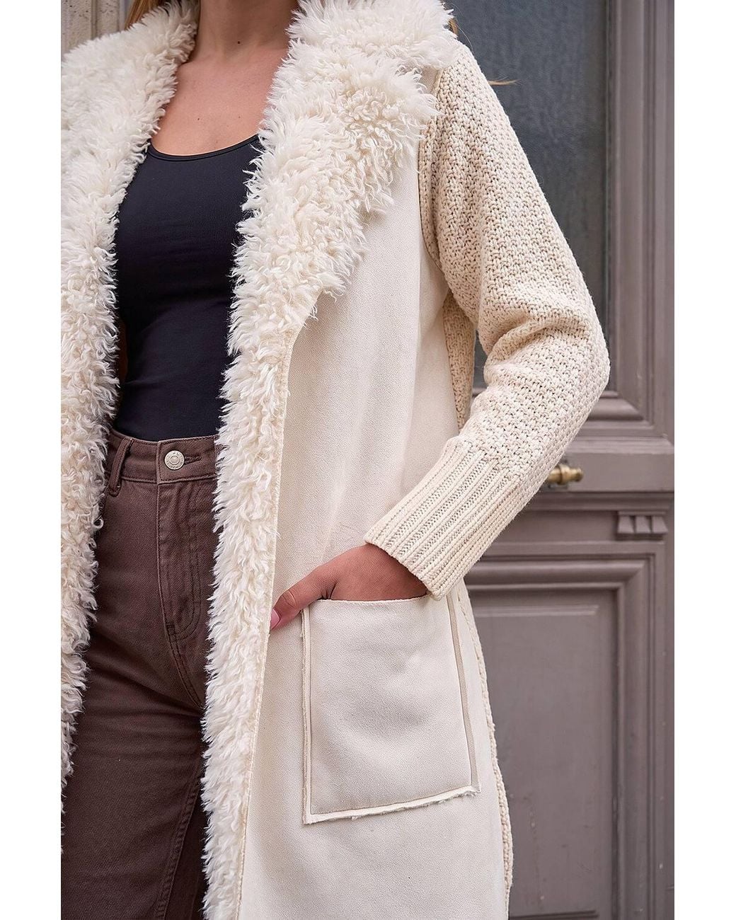 Roman Brown Longline Faux Shearling Knit Coatigan