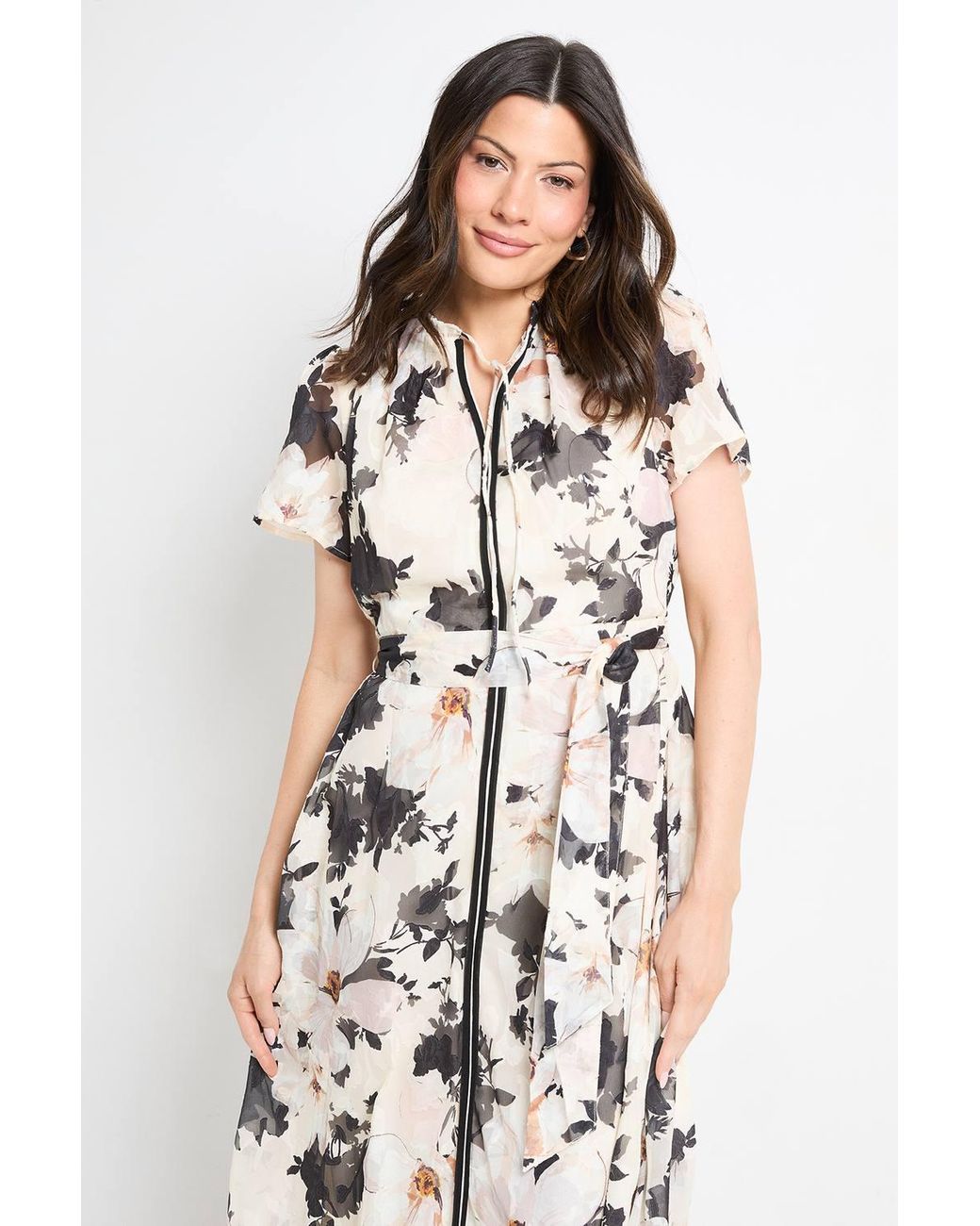 Wallis White Floral Tie Neck Midi Dress