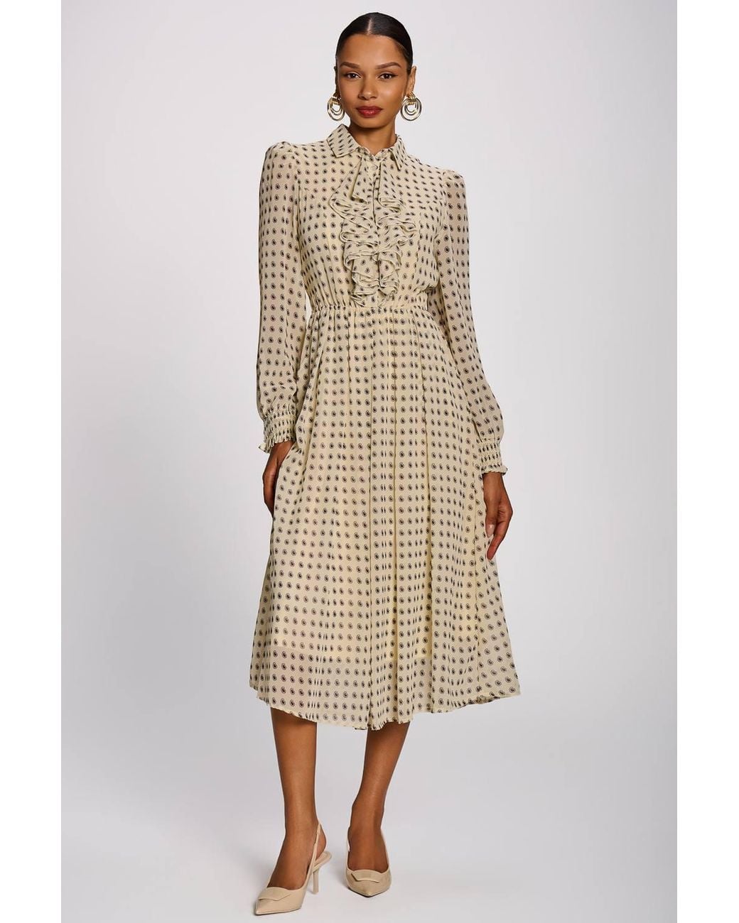 Jolie Moi Natural Chiffon Print Ruffled Shirt Dress