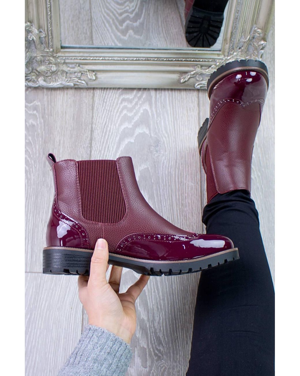 AJVANI Red Low Heel Pull On Brogue Ankle Chelsea Boots