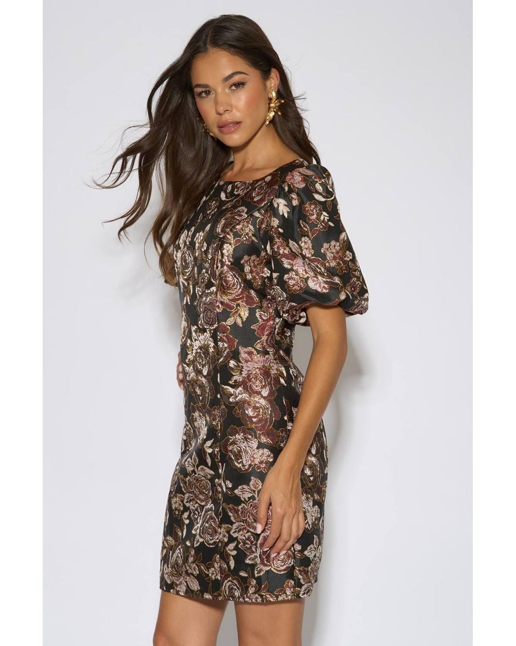 Gini London Brown Floral Jacquard Puff Sleeves Mini Dress