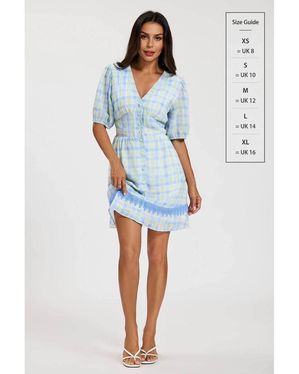 FS Collection Blue Gingham Mini Dress W/ Lace Trim