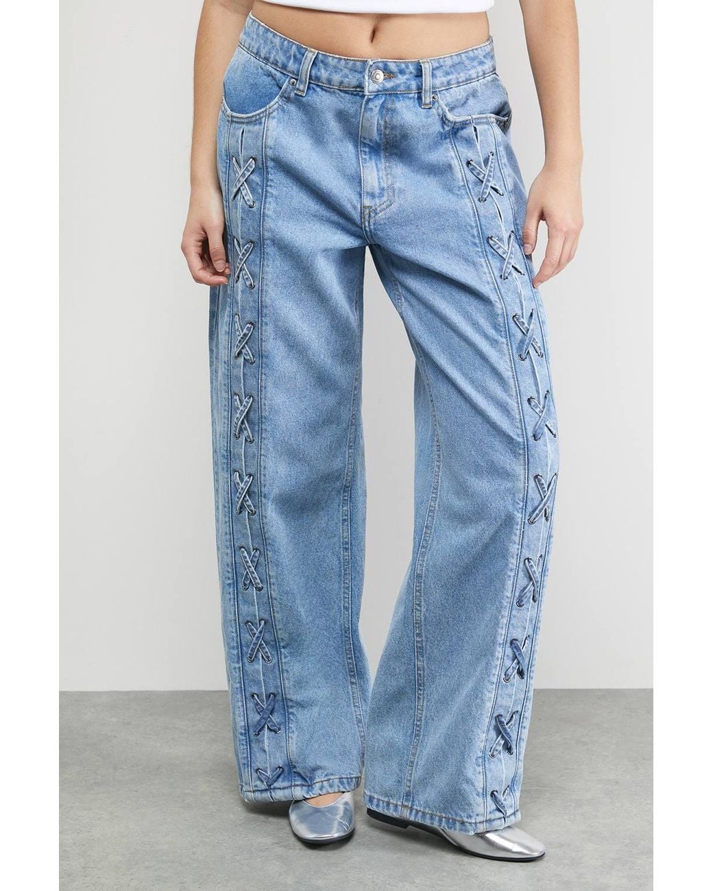 Warehouse White Tony Low Waist Lace Up Wide Jean