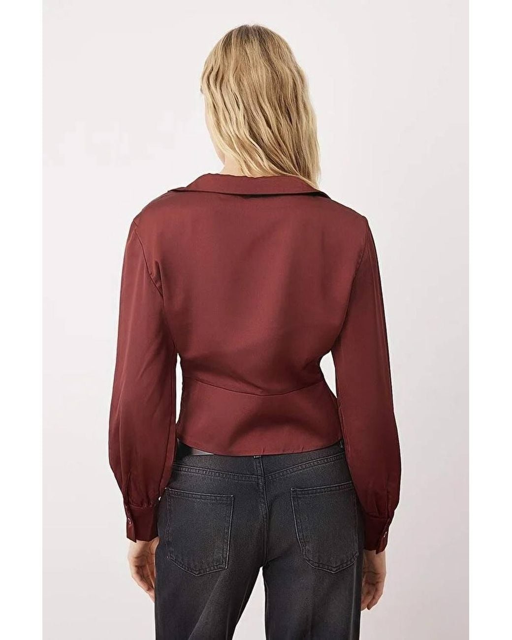 WOVCOR Red Satin Woven Wrap Blouse W/ V Neck Detail