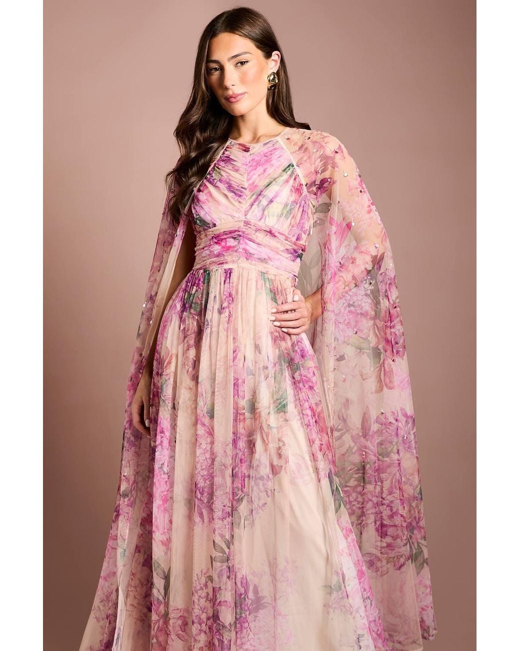 Coast Pink Petite Pleated Mesh Printed Cape Maxi Dress With Gemstones