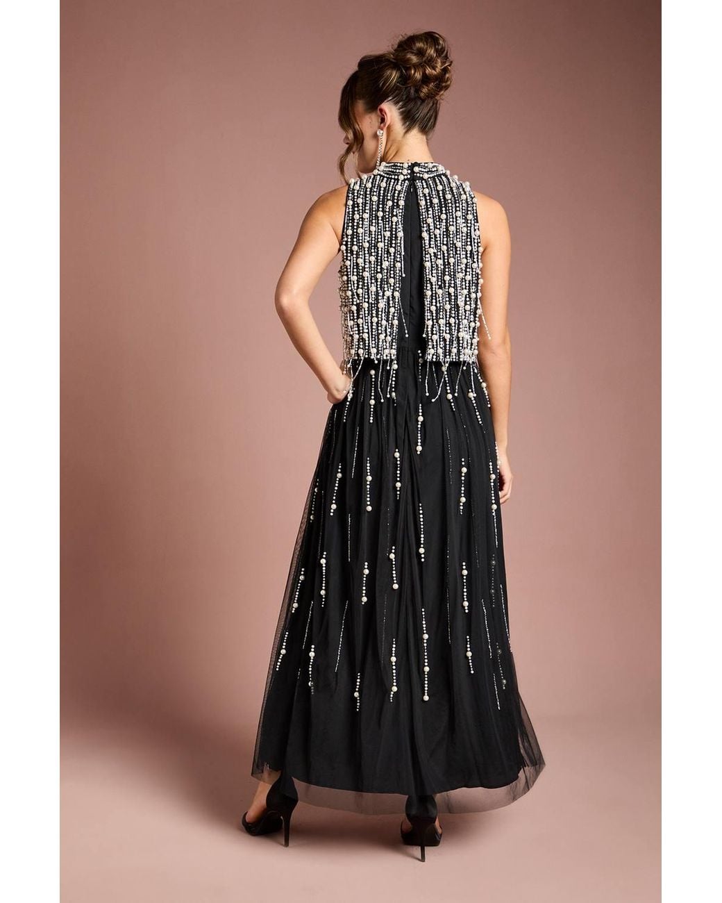 Coast Black Pearl Beaded Overlay Georgette Maxi Dress