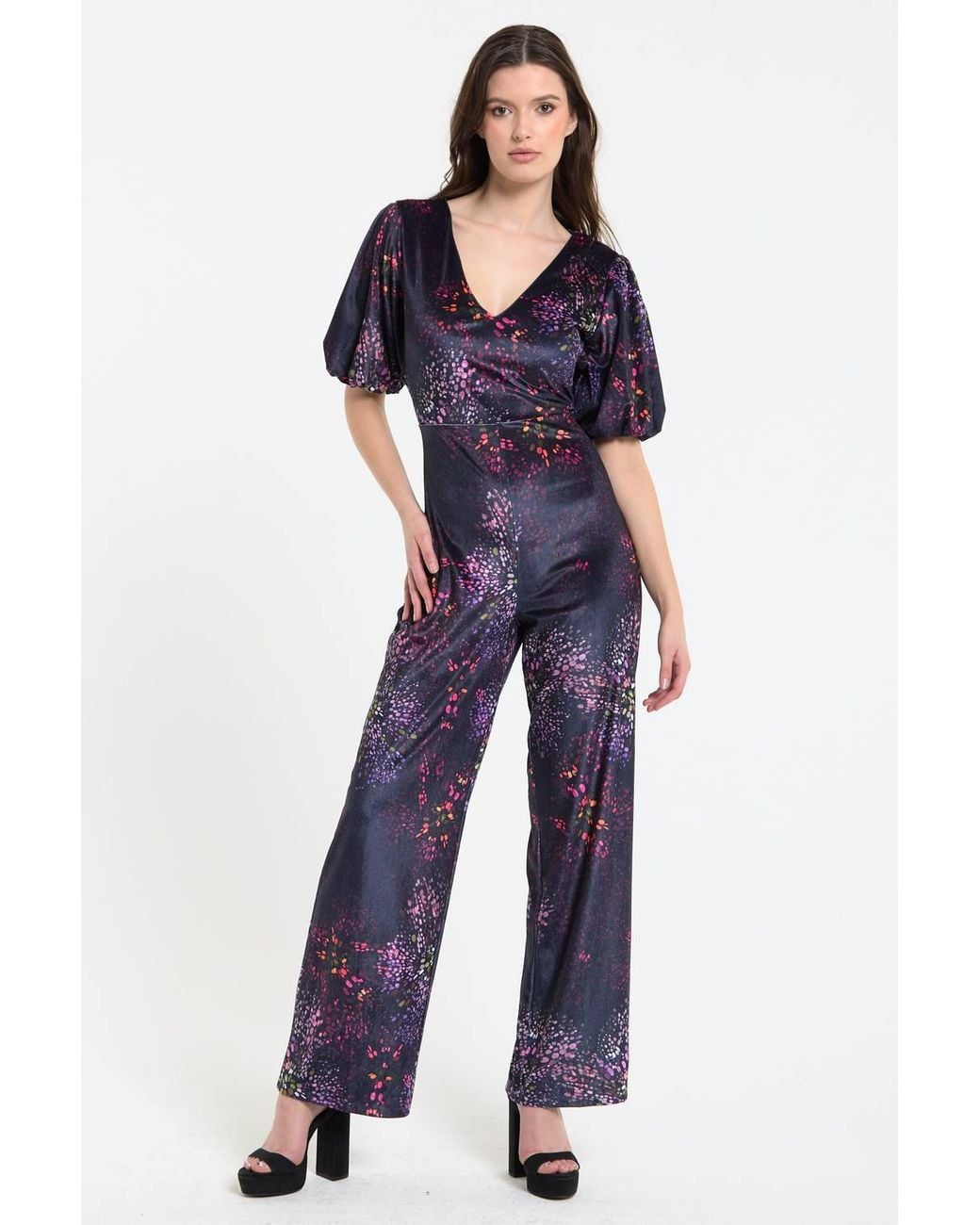 Liquorish Blue Floral Printed Velvet Wide Leg Jumpsuit