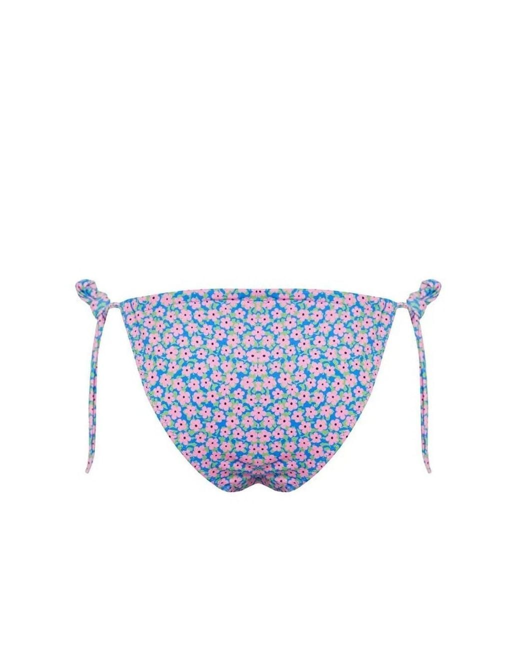 WOVCOR Blue Floral Print Tie Side High Leg Brazilian Bikini Bottom W/ Tunnel