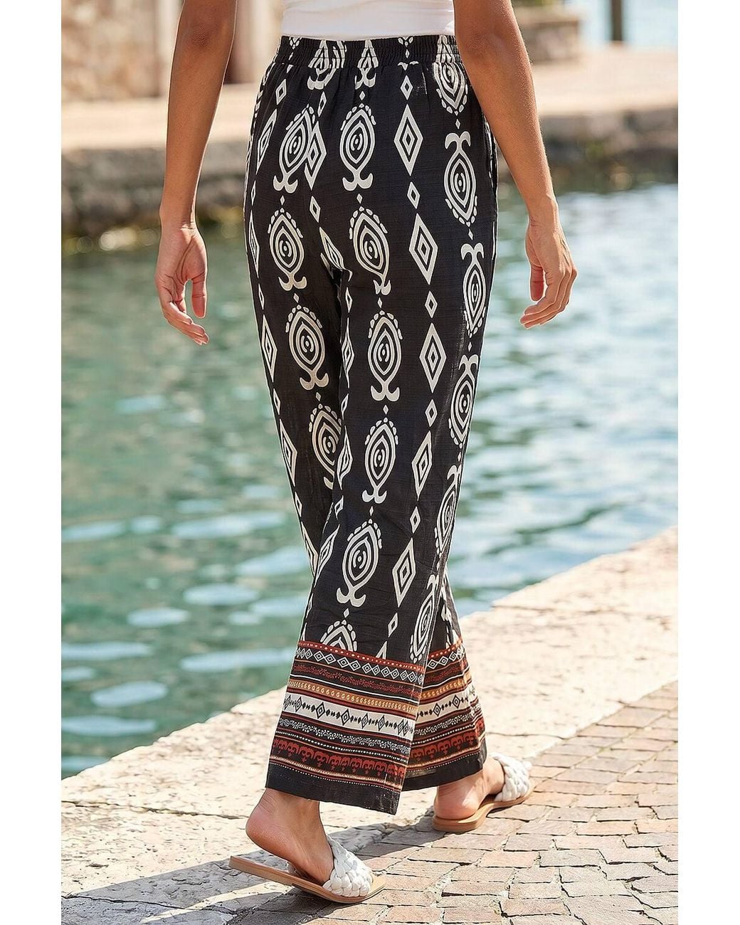 Roman Black Aztec Border Print Wide Leg Trousers