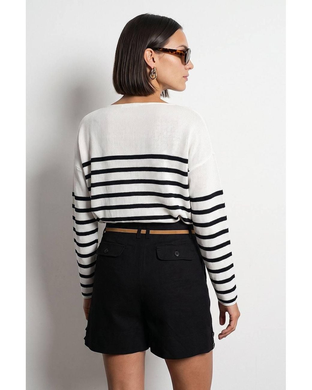 Dilvin White Striped V-Neck Ribbed Knit Sweater