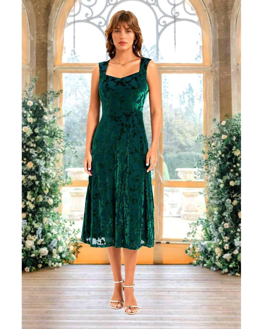 FS Collection Green Floral Velvet Devore Sweetheart Neck Midi Dress