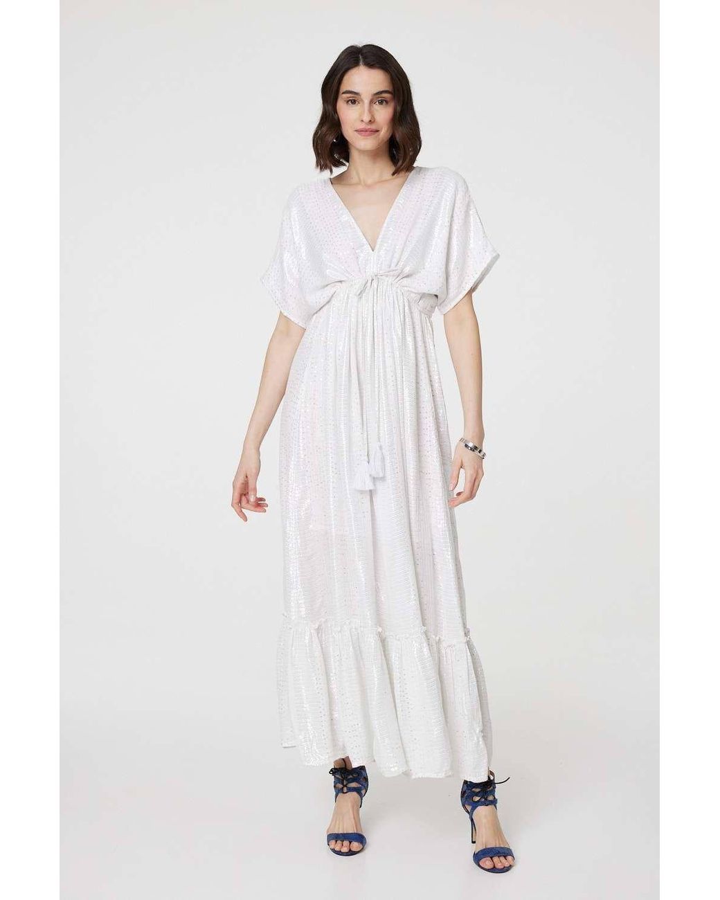 Izabel London White Dotty Empire Waist Kimono Maxi Dress