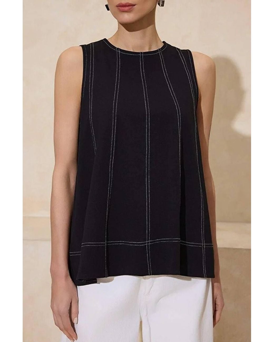 WOVCOR Black Relaxed Crew Neck Sleeveless Stitched Detail Knitted Blouse