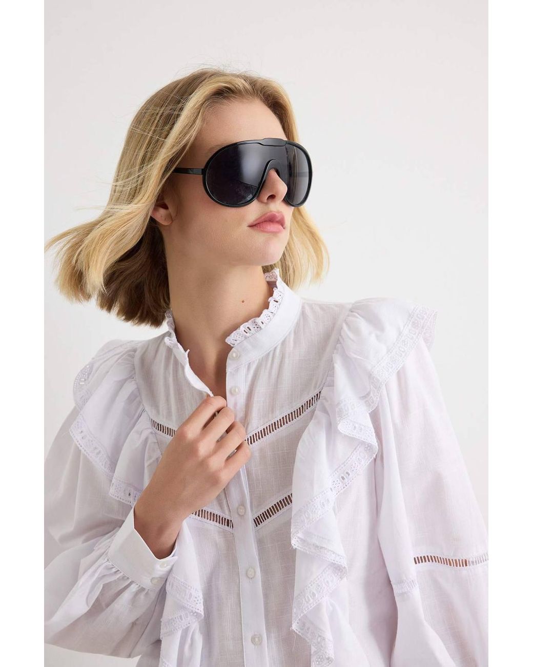 WOVCOR White Ruffle Detail Boho Long Sleeve Shirt