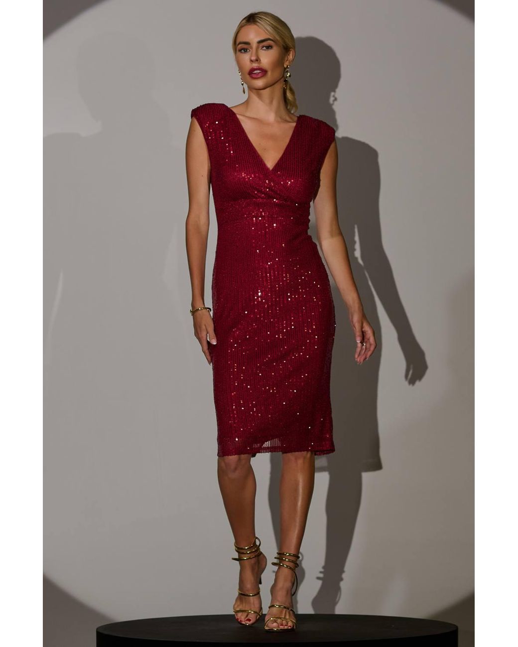 Jolie Moi Red Sequin Wrap Bodycon Midi Dress W/ Shou