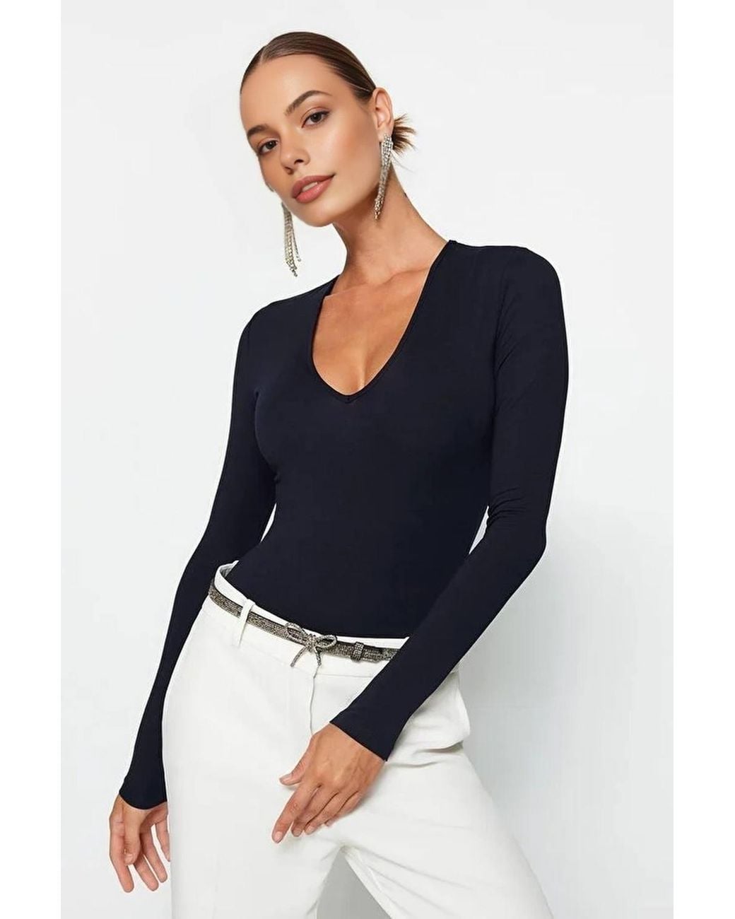 WOVCOR Blue Deep V-Neck Long Sleeve Knit Bodysuit