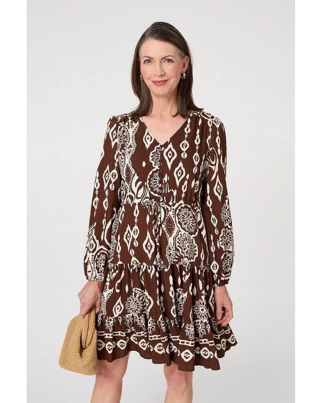 Izabel London Brown Printed Tiered V-Neck Knee Length Dress