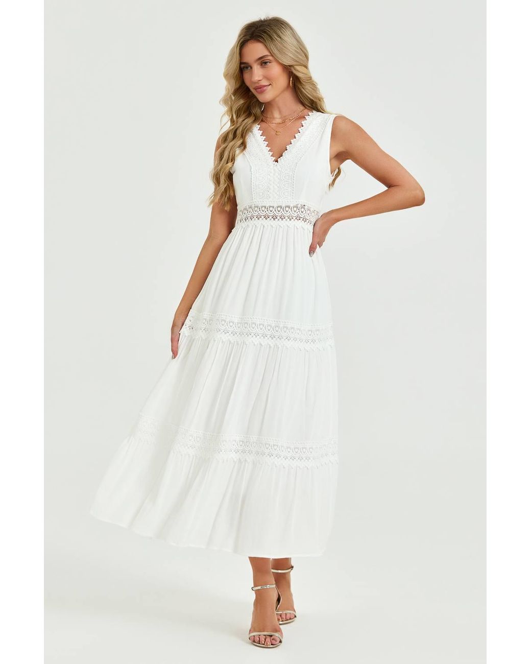 FS Collection White Lace Trim V-Neck Tiered Sleeveless Midi Dress