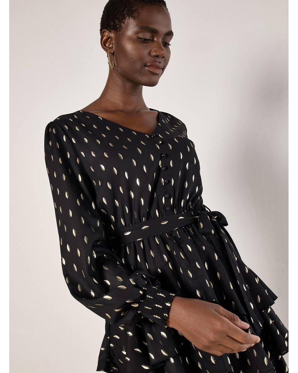 Apricot Black Foil Spot Tiered Mini Dress