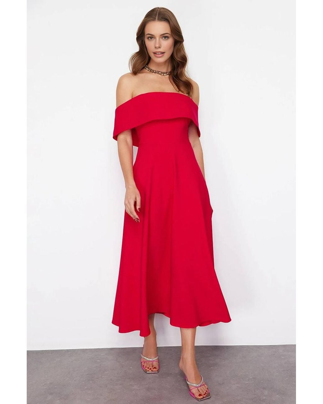 WOVCOR Red Off-Shoulder Midi Dress