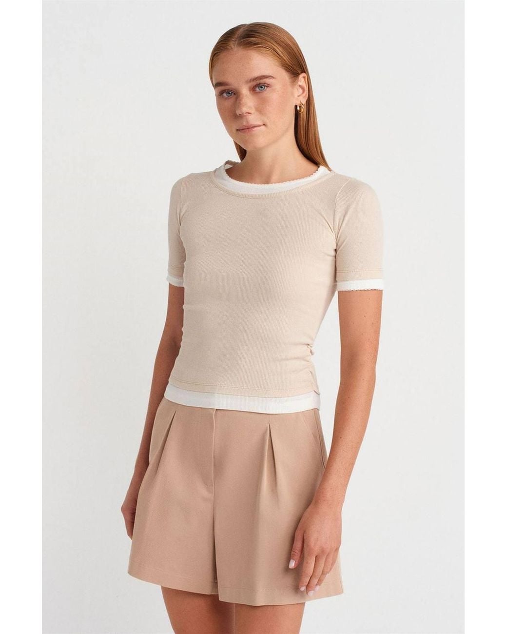 Dilvin Natural Crop Slim-Fit Crew Neck T-Shirt