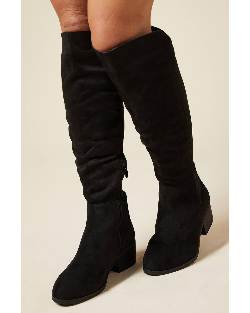 Wallis Black Wide Fit Hannah Stretch Back Almond Toe Low Heel Knee Boots