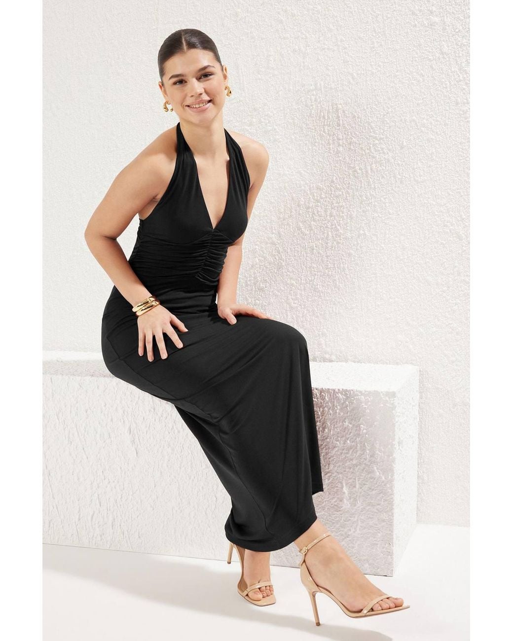 WOVCOR Black V Neck Drape Detail Bodycon Maxi Dress