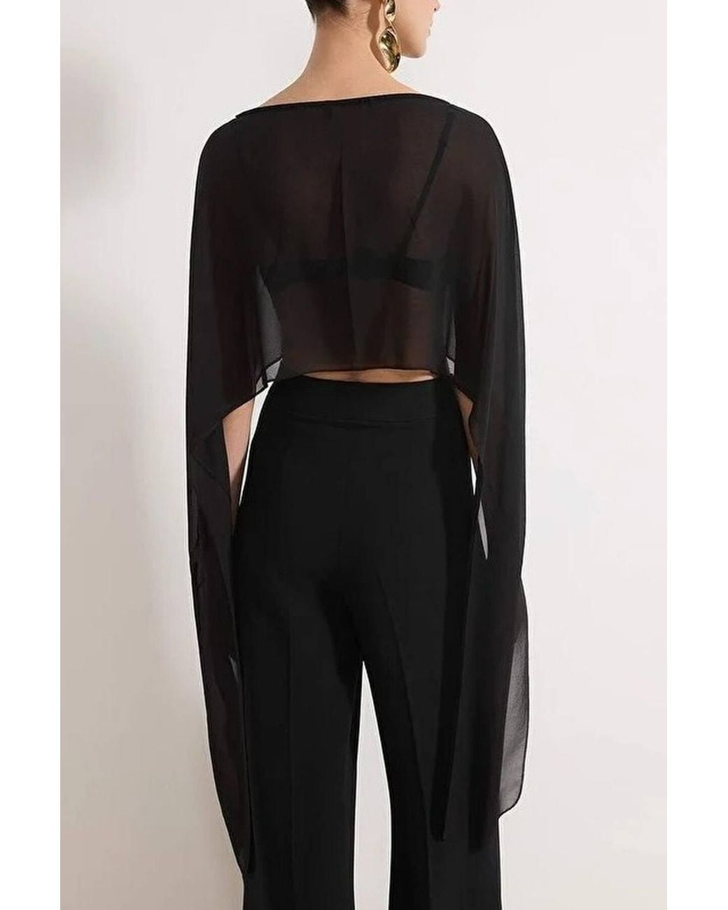 WOVCOR Black Sheer Chiffon Cape Crop Blouse W/ Draped Sleeve Detail