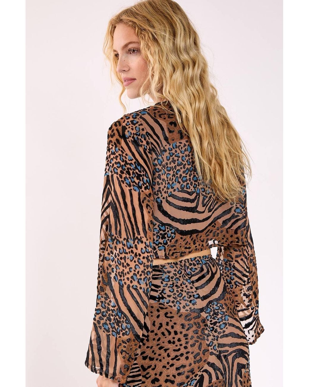 Nasty Gal Brown Mixed Animal Devore Button Through Flared Sleeve Top