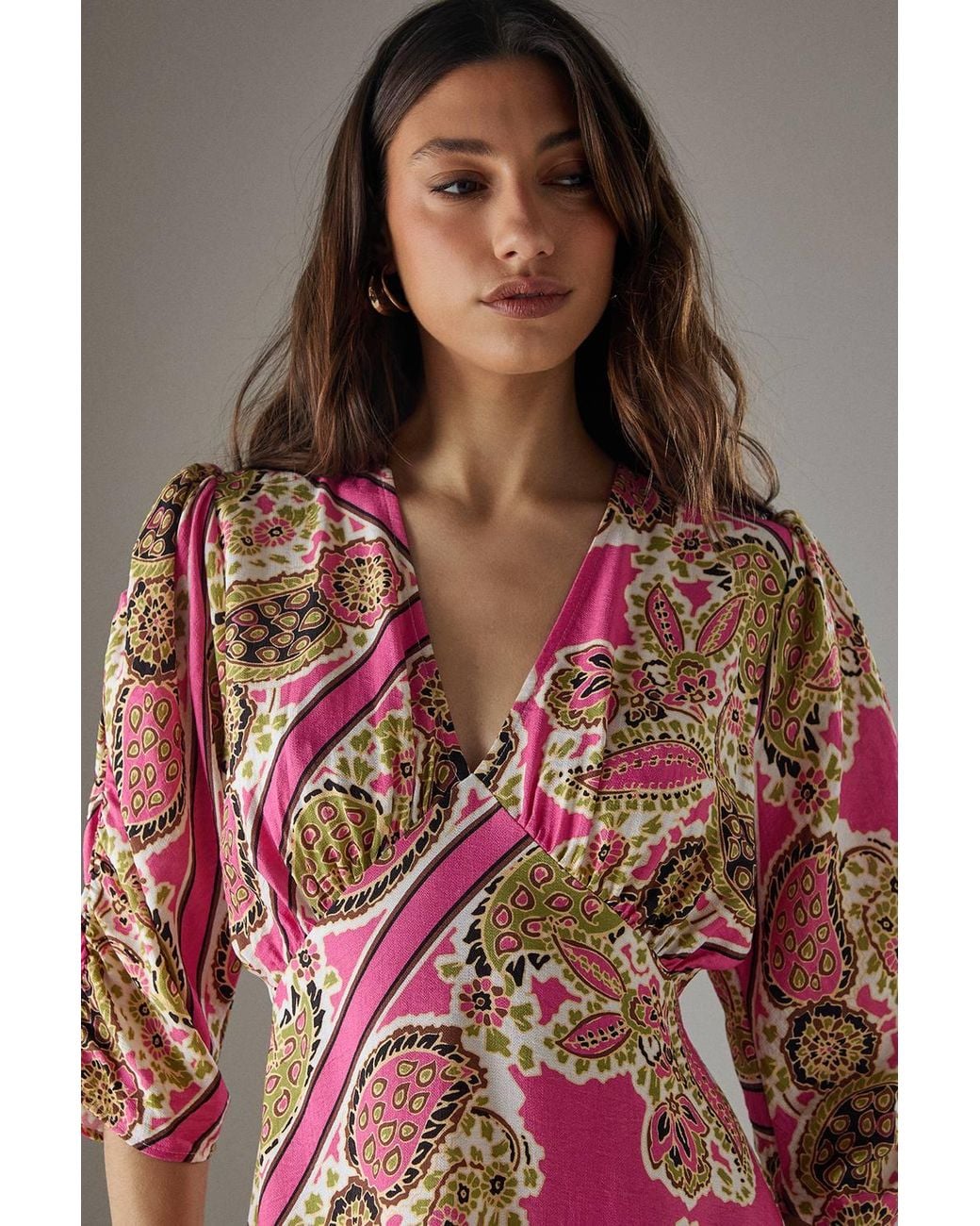 Warehouse Multicolor Viscose Paisley V Neck Puff Sleeve Midi Dress