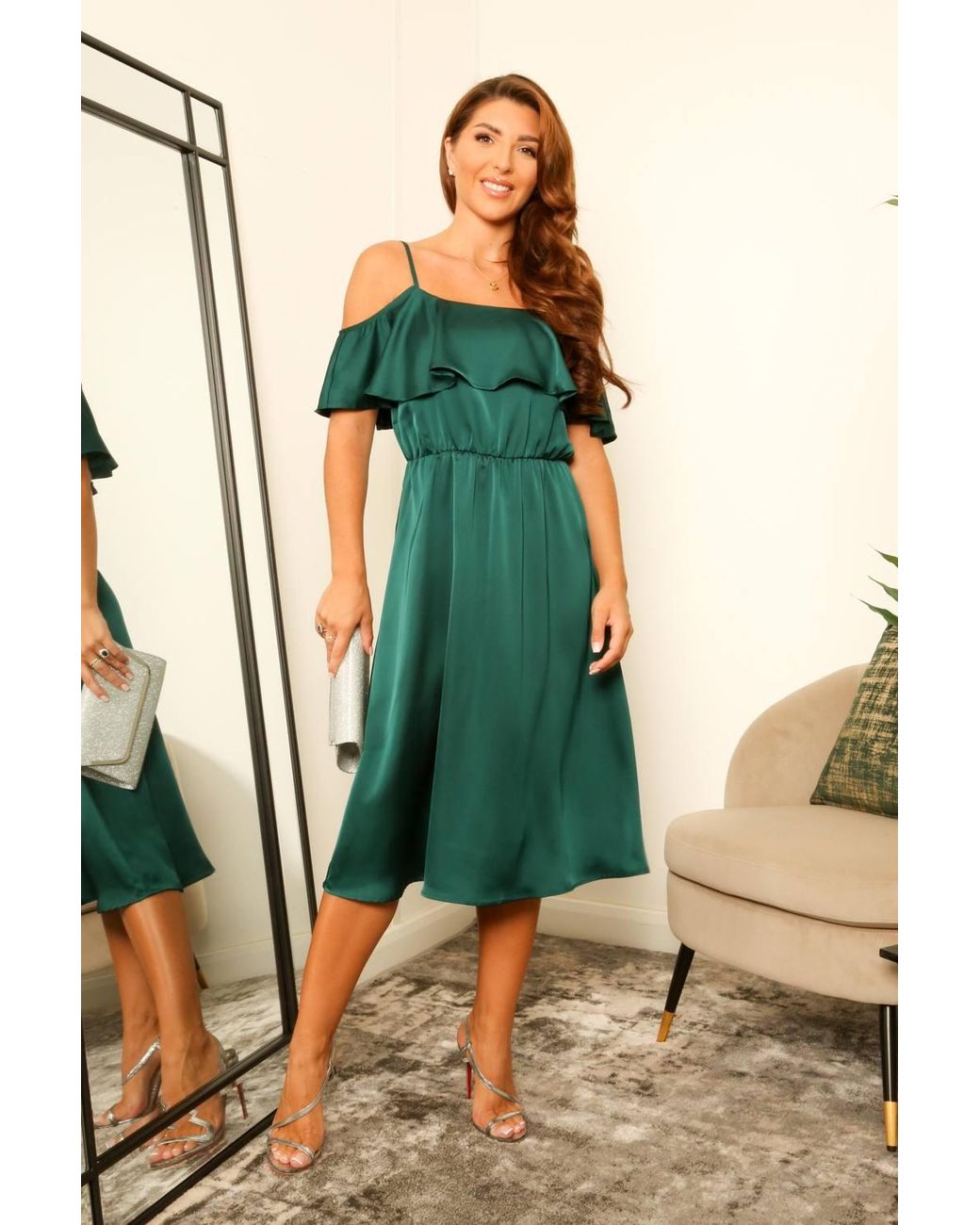 Double Second Green Shoulder Satin Midi Dress